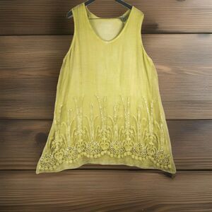 Soft Surroundings Woman’s Sz 1X Mustard Yellow Silk Tank Top Embellished Sequins